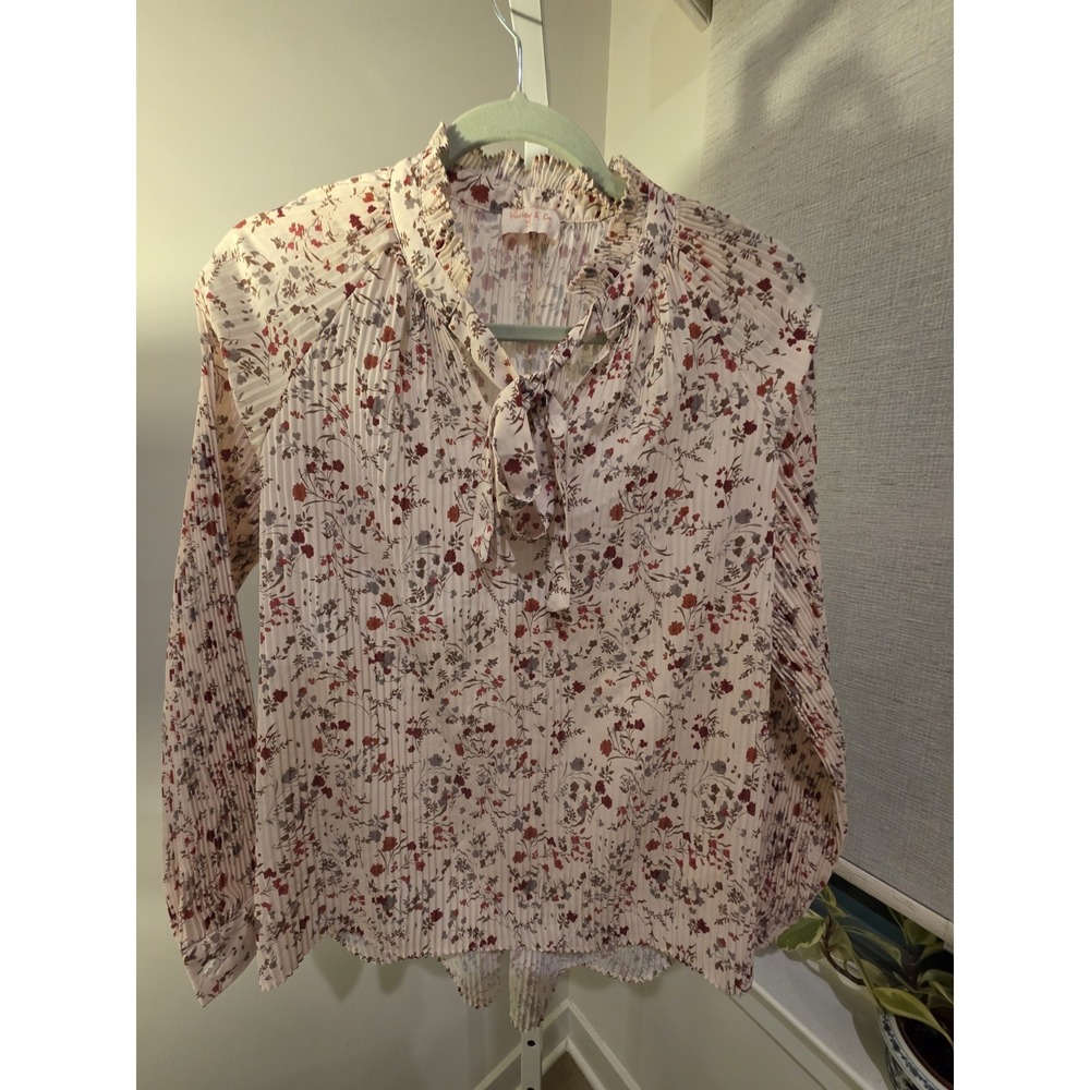 Floral Peasant Blouse Small Sheer Cottage Core Long Sleeve Neck Tie